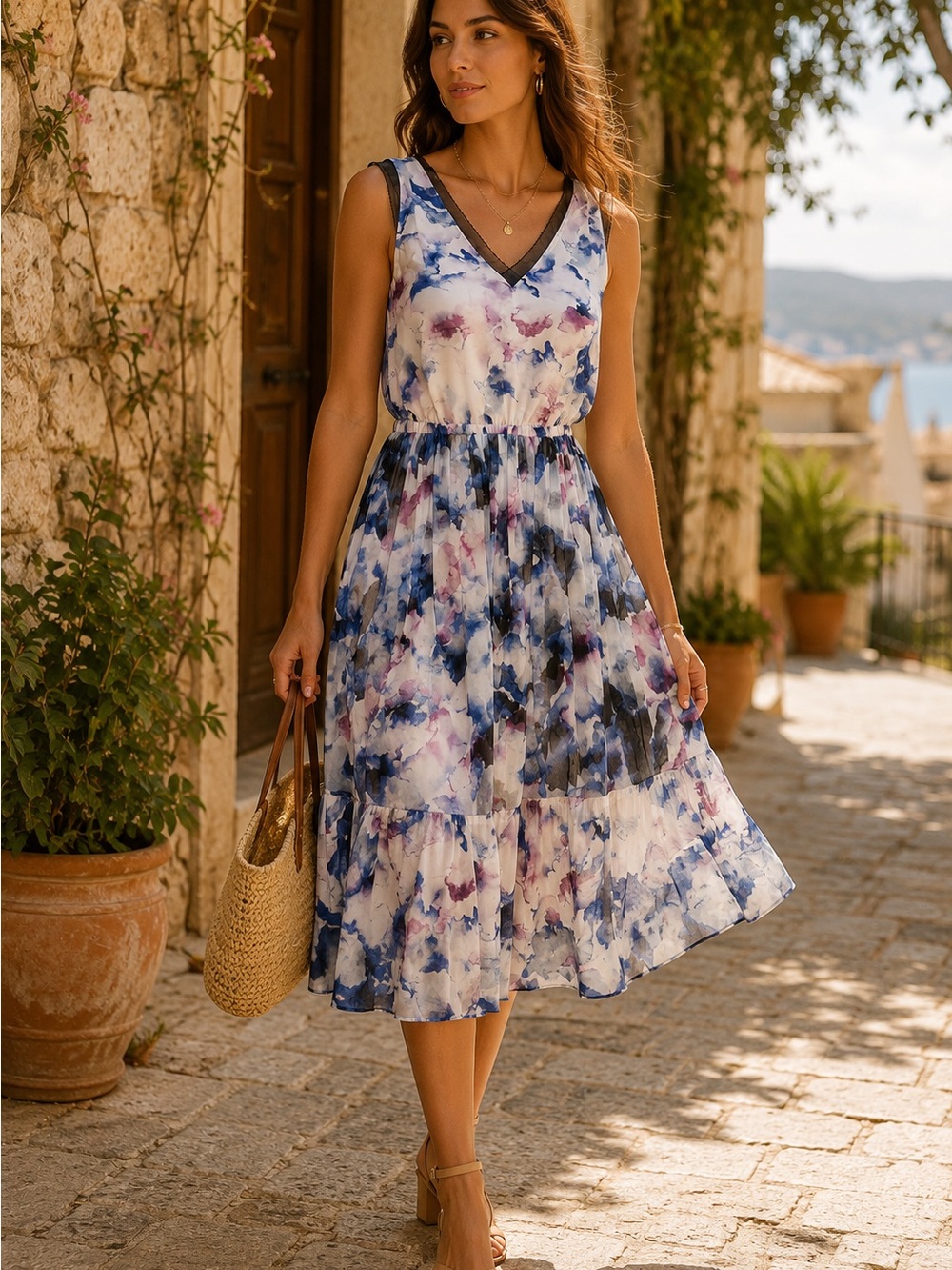 Simply Vera Vera Wang M Blue and White Floral V-Neck Midi Dress Vacation